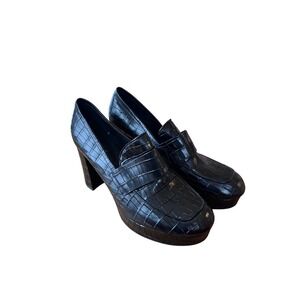 Jeffrey Campbell Scholar Black Croc Embossed Platform Chunky Heel Loafer Shoes